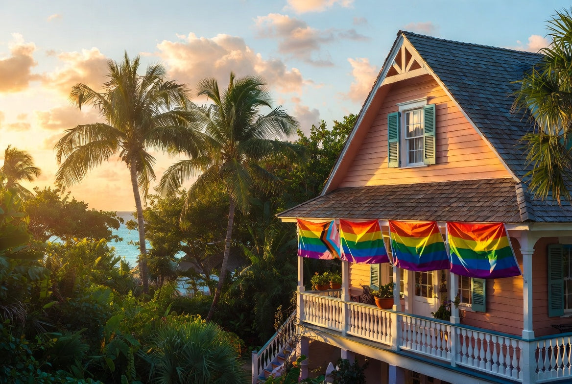 Beachside conch house with a rainbow flag in Key West