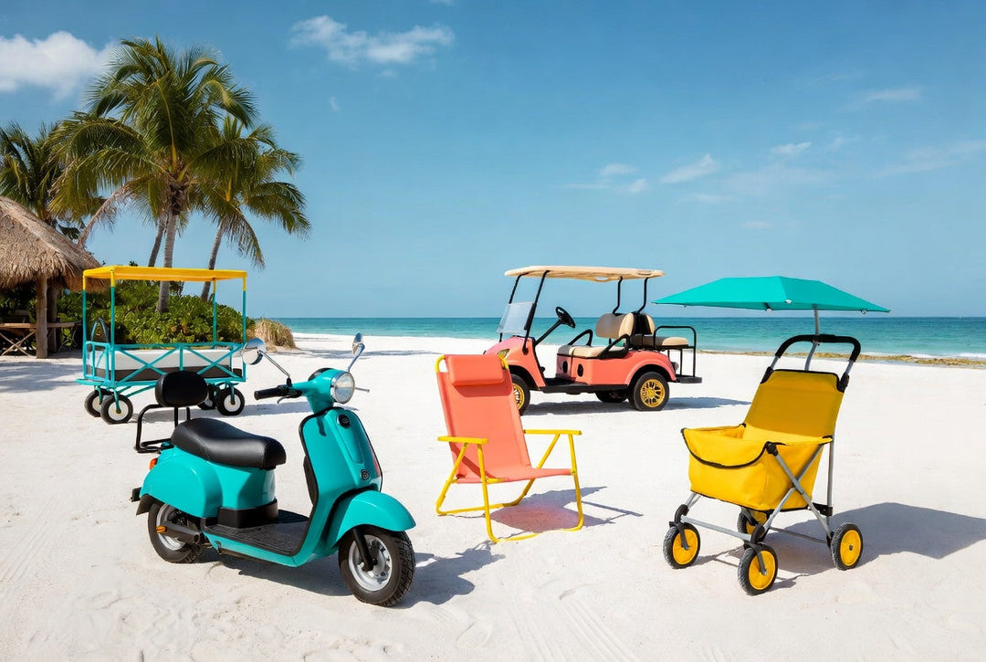 Colorful Key West rental gear including scooter, beach chair, sailboat, and stroller on a sunny beach – The Conchcierge All Rentals collection hero image
