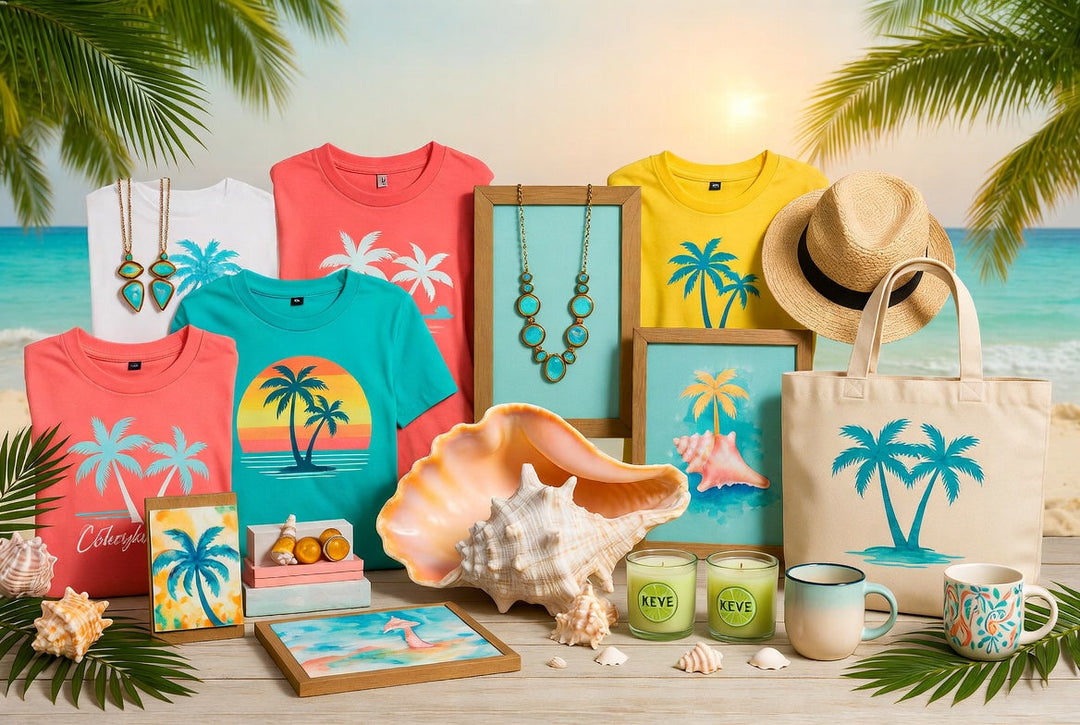 Authentic locally made Key West merchandise including tropical t-shirts, handmade jewelry, art prints, straw hats, and island décor on a wooden table with ocean sunset background.