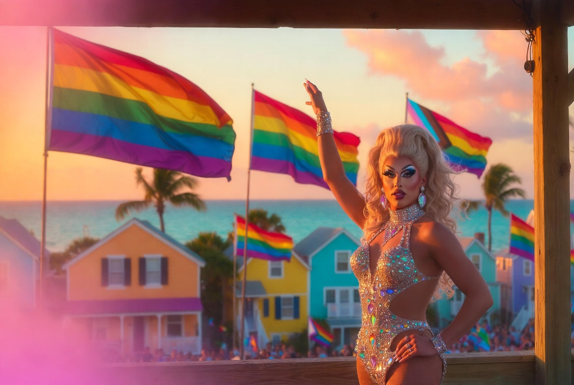 Stunning Drag Queen with  a back drop of pride flags and conch houses with the ocean as the back drop in Key West.