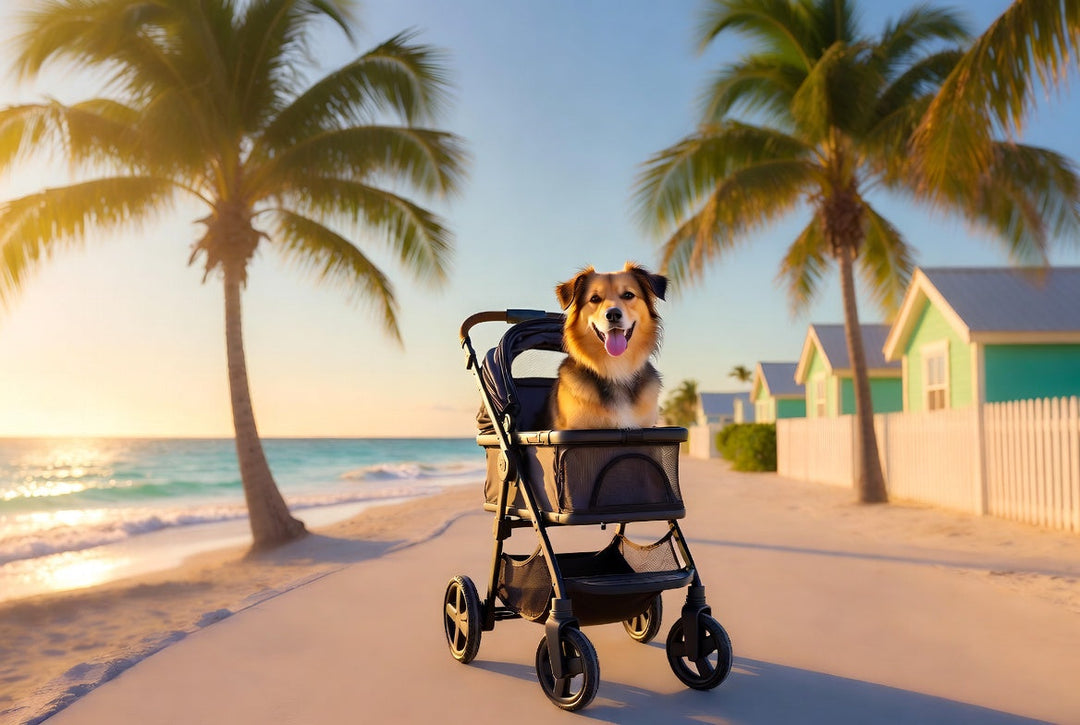 A cute dog in a pet stroller enjoying the beach on vacation in Key West Florida