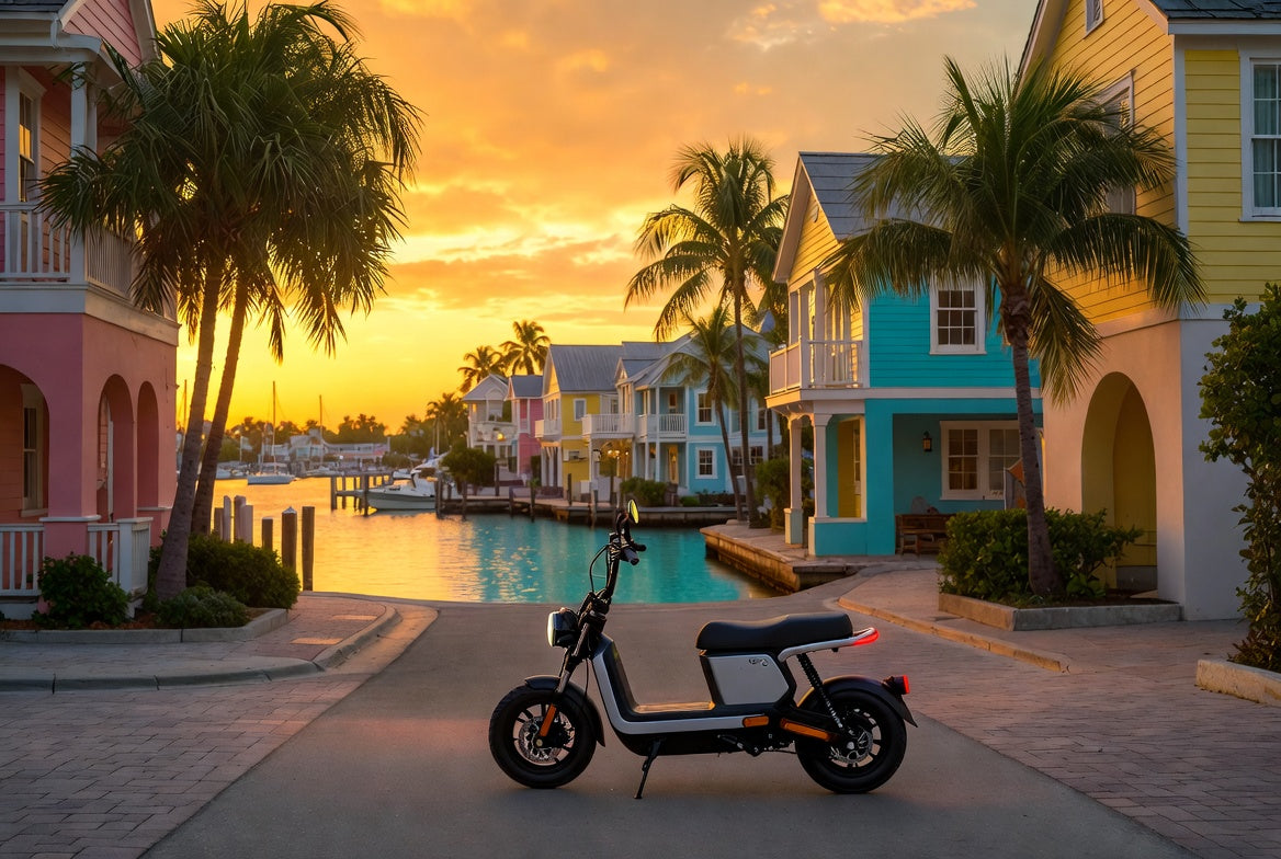 A rental scooter in Key West with a beautiful sunset in the background.