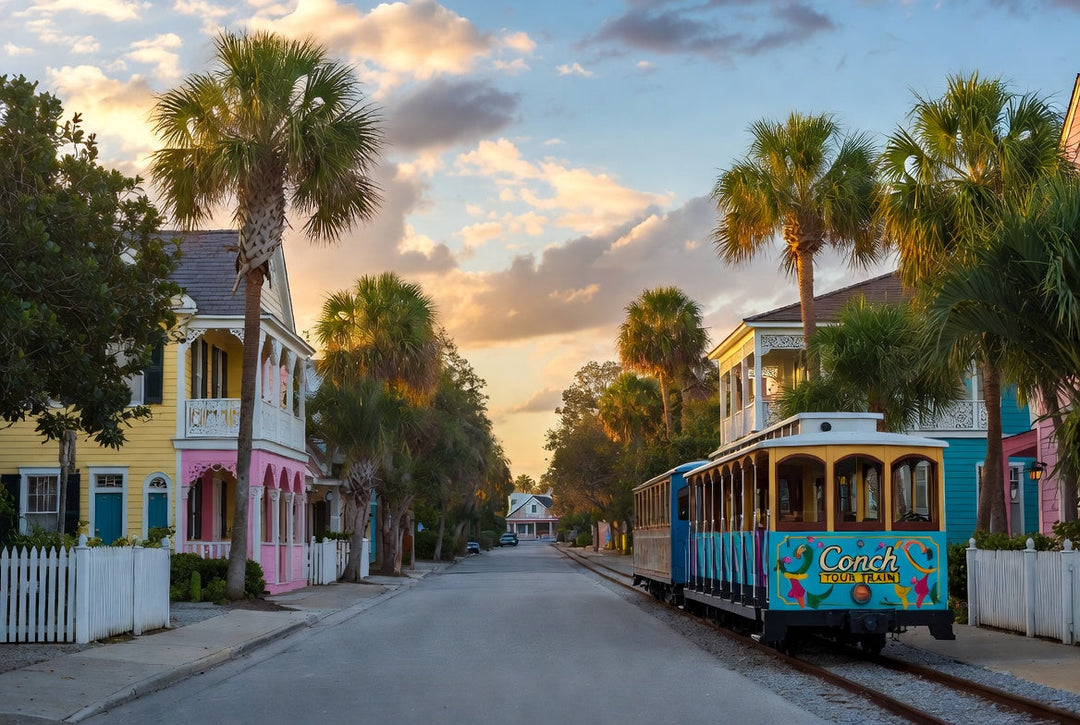 Adorable neighborhood in a tropical paradise with a street train.